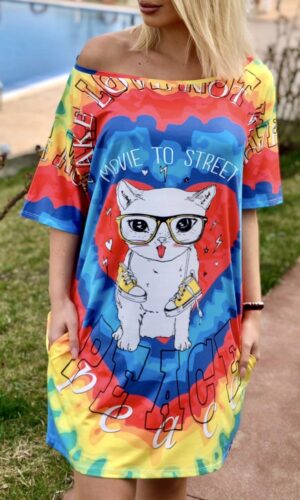 Rochie-tricou dreapta imprimeu Cat